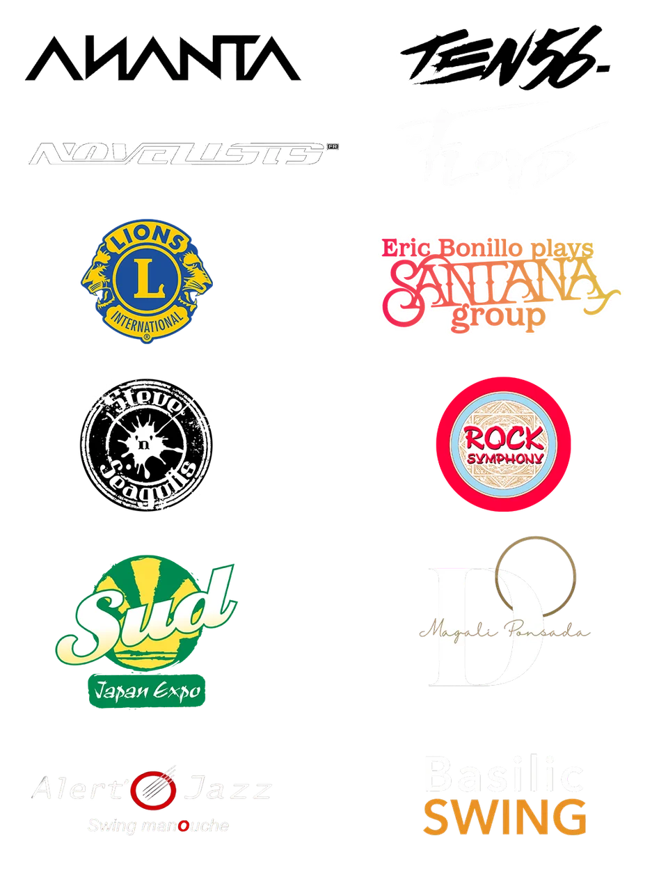 Logos des artistes et organisateurs — AMANTA, TEN56, Novelists, Lions International, Rock Symphony, Eric Bonillo plays Santana, Sud Japan Expo, Alert Jazz, Basile Swing, Magali Ponsada
